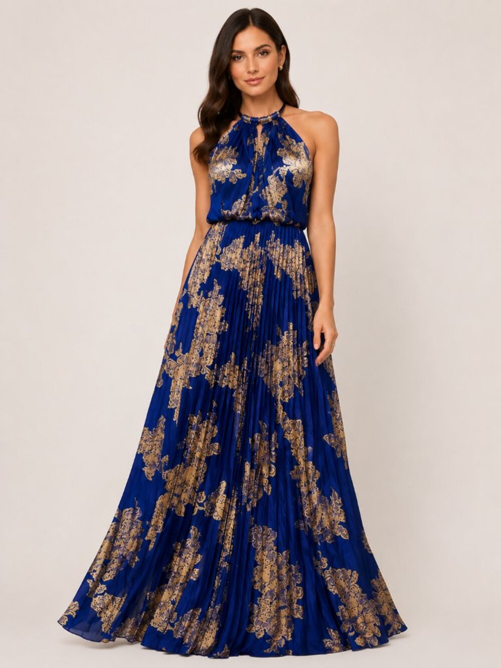 Xscape Royal Blue & Gold Pleated Halter Maxi Dress Size 4P Petite Formal Gown
